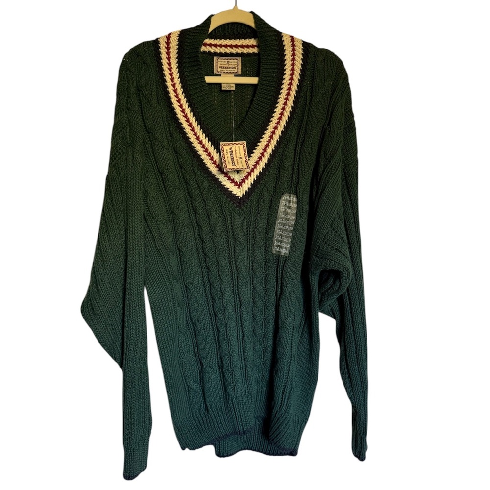 NWT Vintage Weekends Green Cable Knit V‎ Neck Varsity Sweater Size XL Deadstock